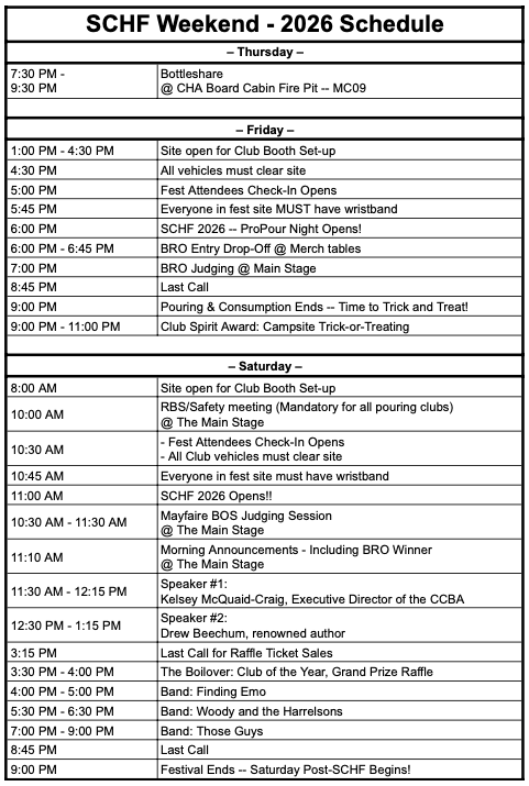 SCHF Weekend Schedule